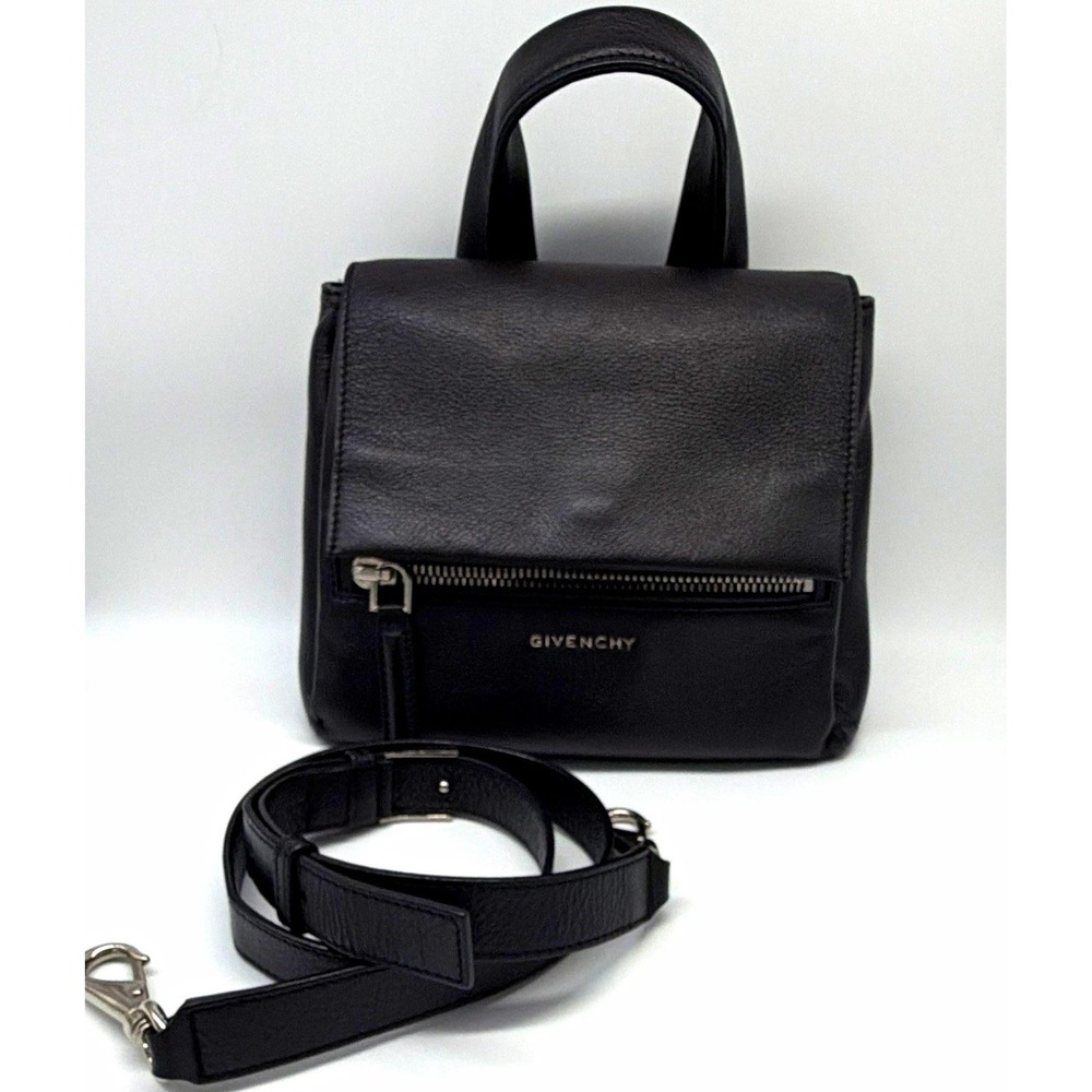 Givenchy Y2K  Small Pandora Black Satchel Top Handle Bag Detachable Strap Silver